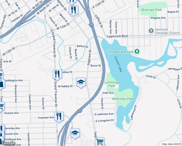 map of restaurants, bars, coffee shops, grocery stores, and more near 108 East Tobias Street in Flint