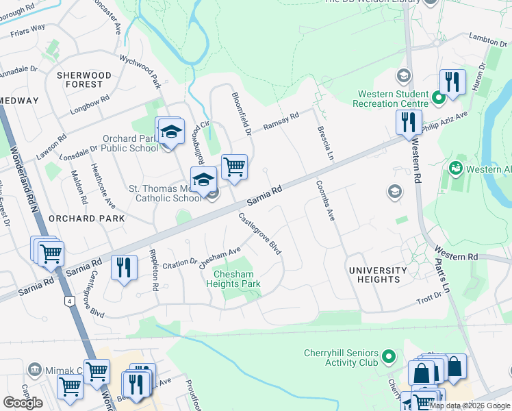 map of restaurants, bars, coffee shops, grocery stores, and more near 340 Sarnia Road in London