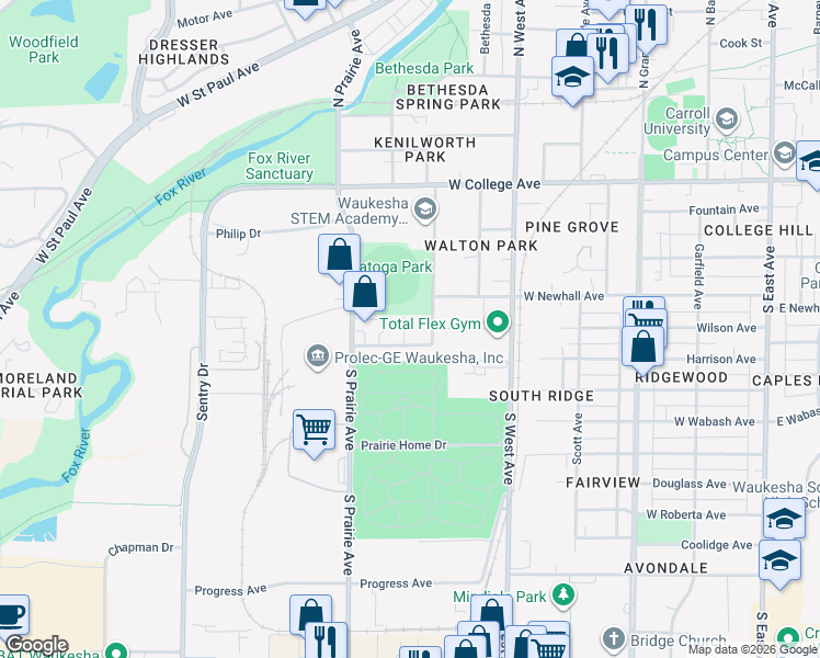 map of restaurants, bars, coffee shops, grocery stores, and more near 314 Walton Avenue in Waukesha