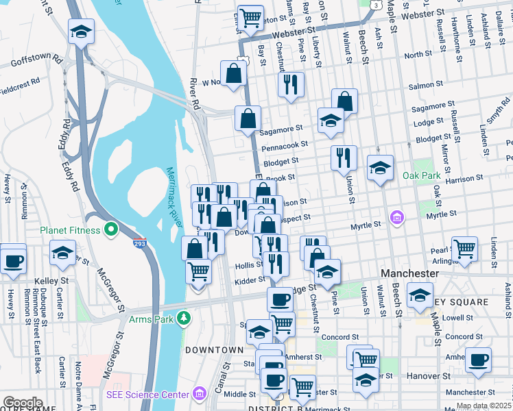 map of restaurants, bars, coffee shops, grocery stores, and more near 1470 Elm Street in Manchester