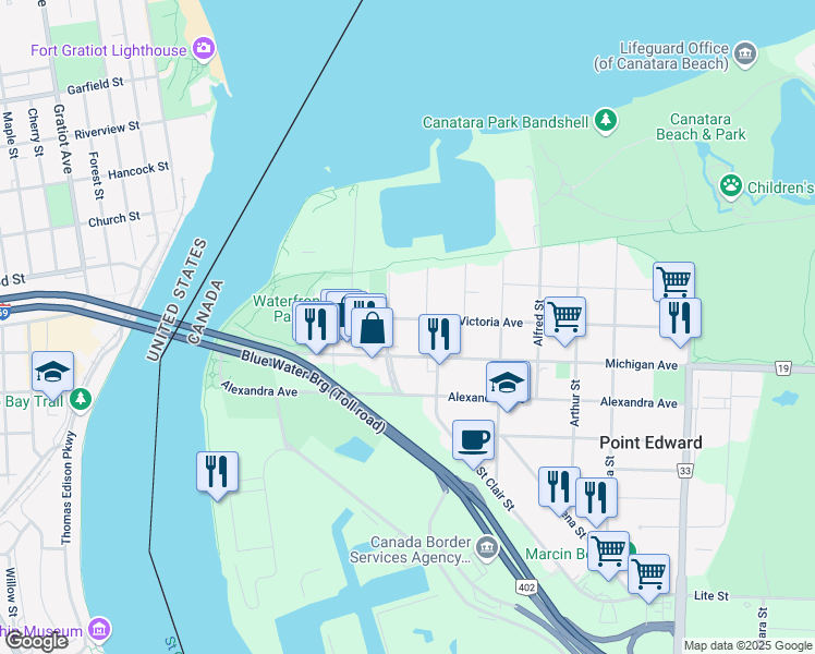 map of restaurants, bars, coffee shops, grocery stores, and more near 207 Victoria Avenue in Point Edward