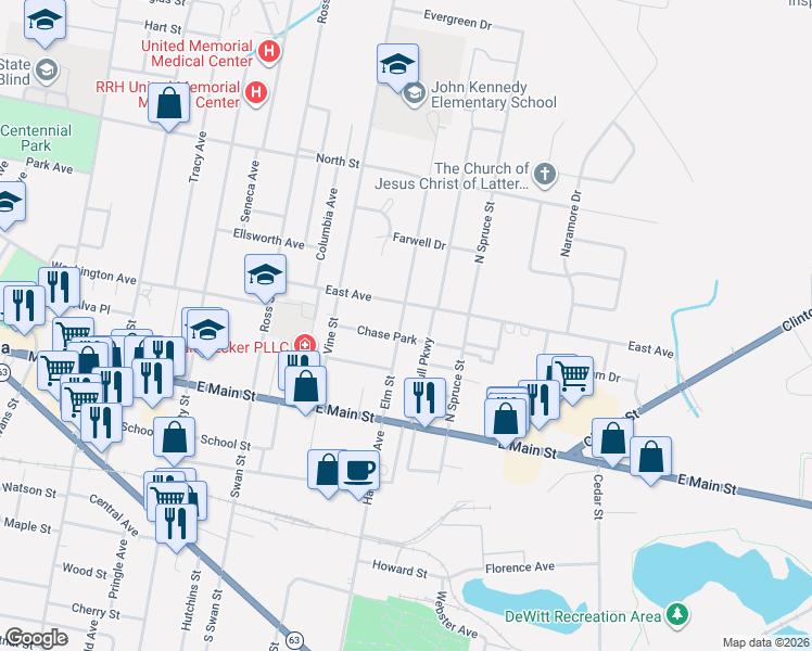 map of restaurants, bars, coffee shops, grocery stores, and more near 124 East Avenue in Batavia