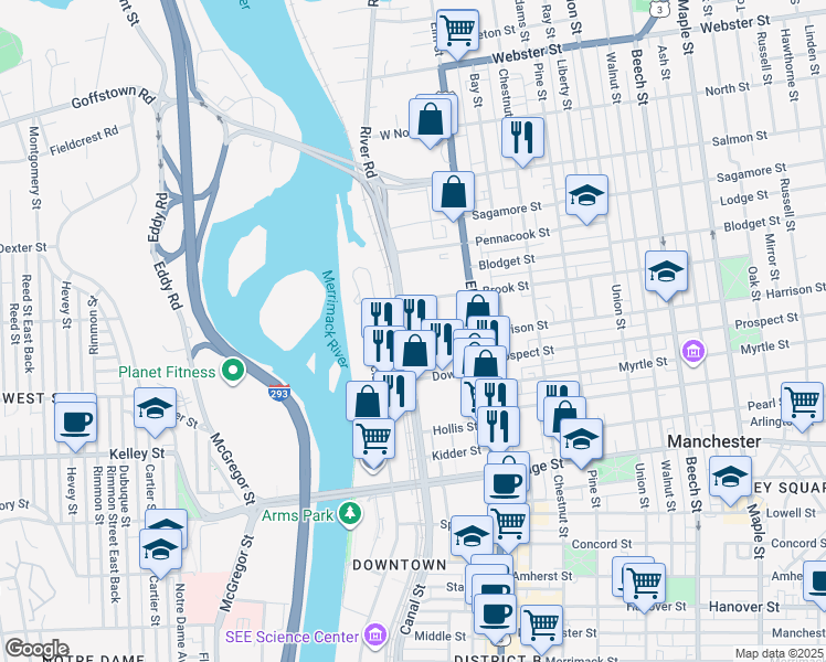 map of restaurants, bars, coffee shops, grocery stores, and more near 97 Langdon Street in Manchester