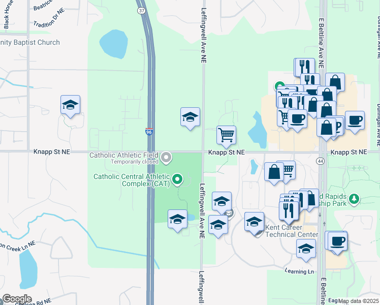 map of restaurants, bars, coffee shops, grocery stores, and more near 2770 Knapp Street Northeast in Grand Rapids