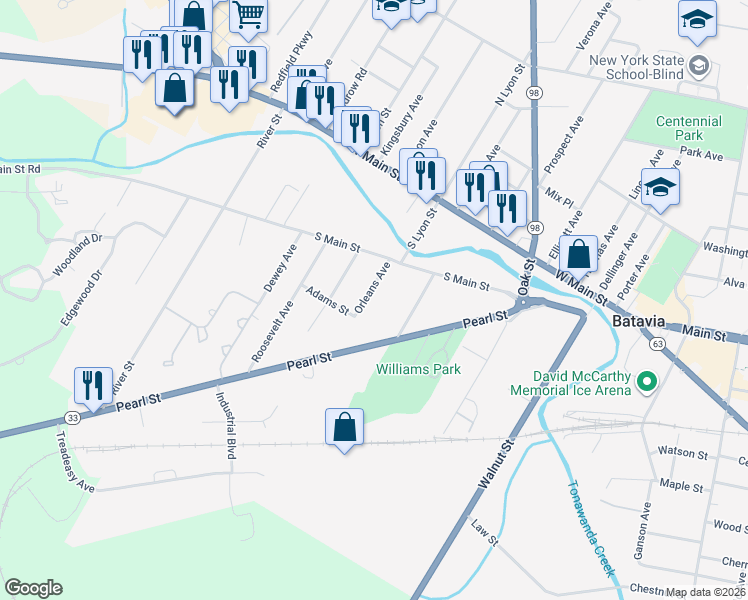 map of restaurants, bars, coffee shops, grocery stores, and more near 12 Orleans Avenue in Batavia