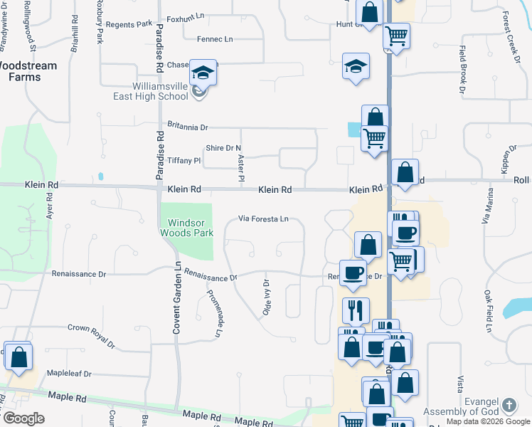 map of restaurants, bars, coffee shops, grocery stores, and more near 145 Via Foresta Lane in Buffalo