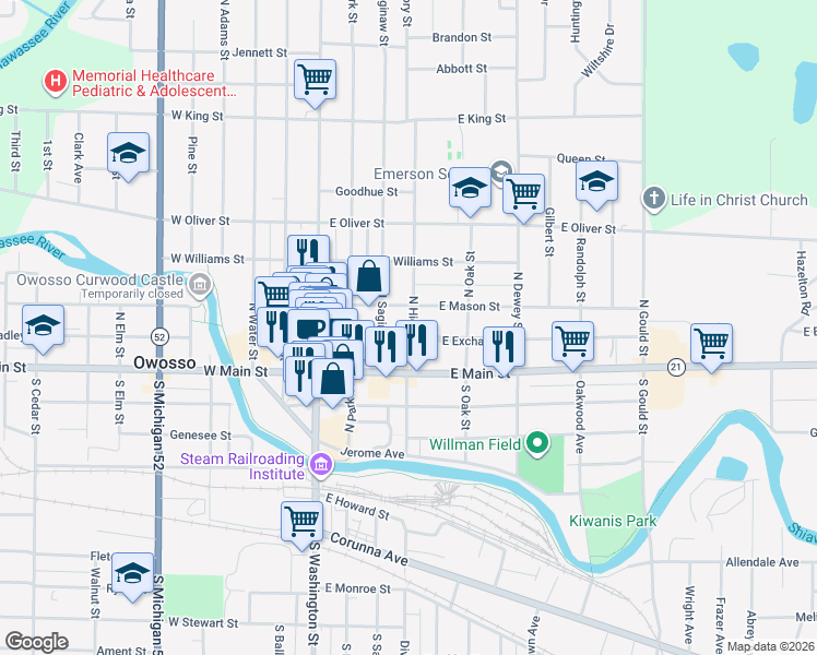 map of restaurants, bars, coffee shops, grocery stores, and more near 216 North Hickory Street in Owosso