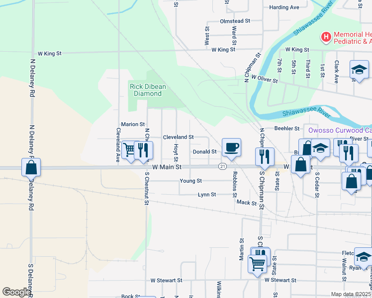 map of restaurants, bars, coffee shops, grocery stores, and more near 201 North Brooks Street in Owosso