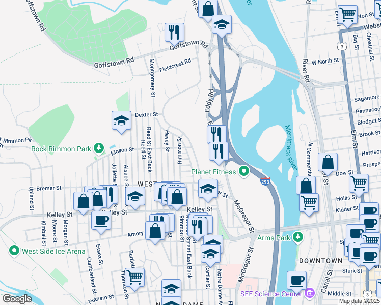 map of restaurants, bars, coffee shops, grocery stores, and more near 360 Coolidge Avenue in Manchester
