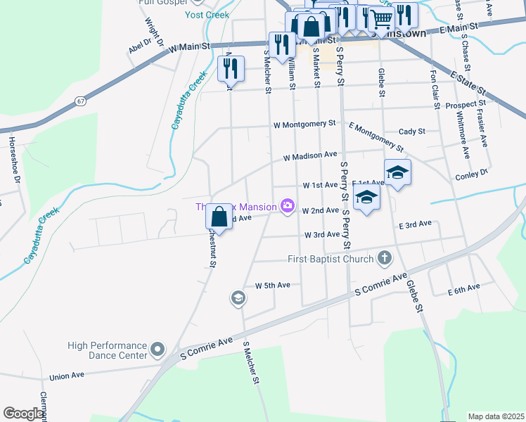 map of restaurants, bars, coffee shops, grocery stores, and more near 409 South Melcher Street in Johnstown