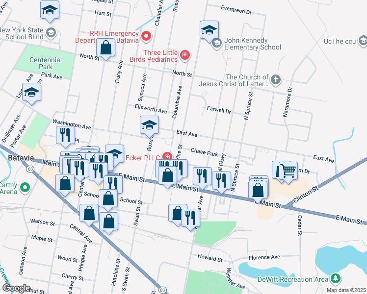 map of restaurants, bars, coffee shops, grocery stores, and more near 33 Vine Street in Batavia