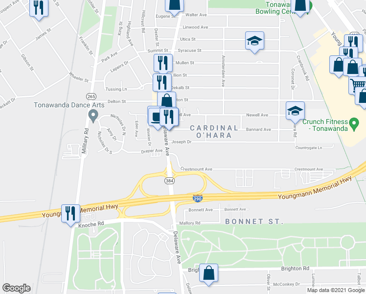 map of restaurants, bars, coffee shops, grocery stores, and more near 49 Joseph Drive in Tonawanda