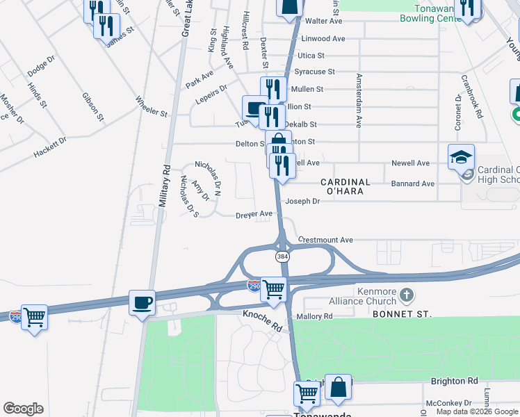 map of restaurants, bars, coffee shops, grocery stores, and more near 13 Winkler Drive in Tonawanda