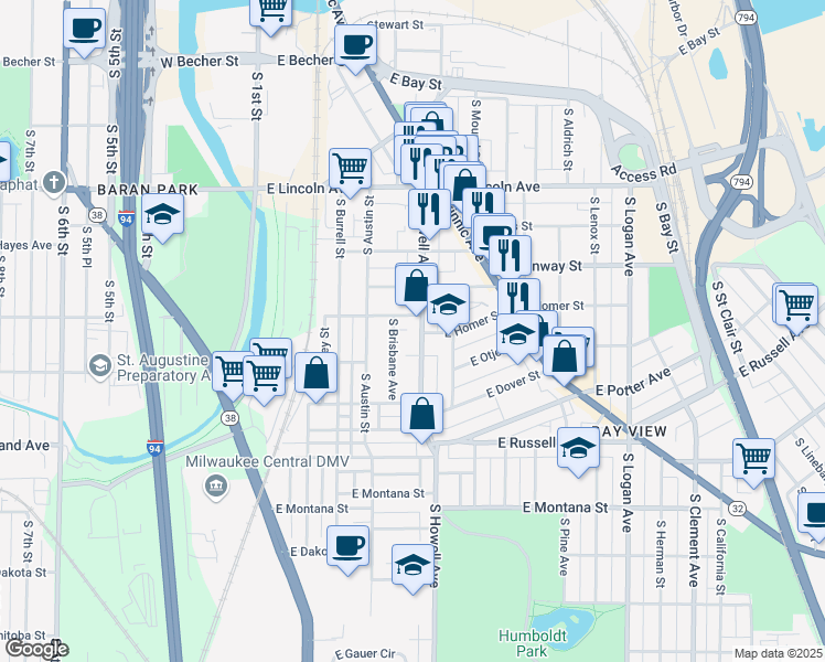 map of restaurants, bars, coffee shops, grocery stores, and more near in Milwaukee