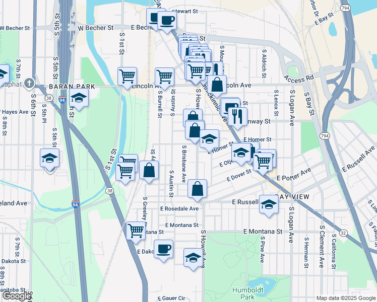 map of restaurants, bars, coffee shops, grocery stores, and more near 327 East Clarence Street in Milwaukee