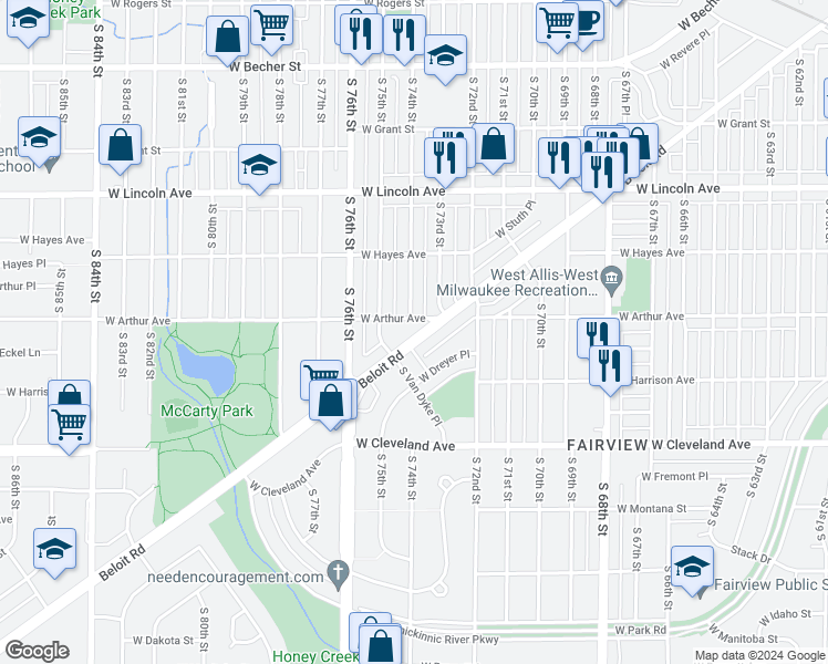 map of restaurants, bars, coffee shops, grocery stores, and more near 7318 Beloit Road in West Allis