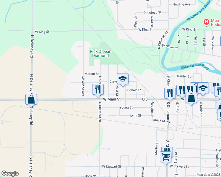 map of restaurants, bars, coffee shops, grocery stores, and more near 220 Lafayette Boulevard in Owosso