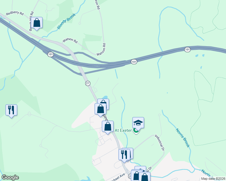 map of restaurants, bars, coffee shops, grocery stores, and more near 183 Epping Road in Exeter