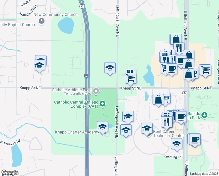 map of restaurants, bars, coffee shops, grocery stores, and more near 2770 Knapp Street Northeast in Grand Rapids