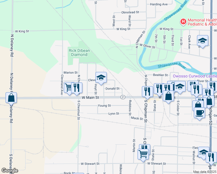 map of restaurants, bars, coffee shops, grocery stores, and more near 1428 Donald Street in Owosso
