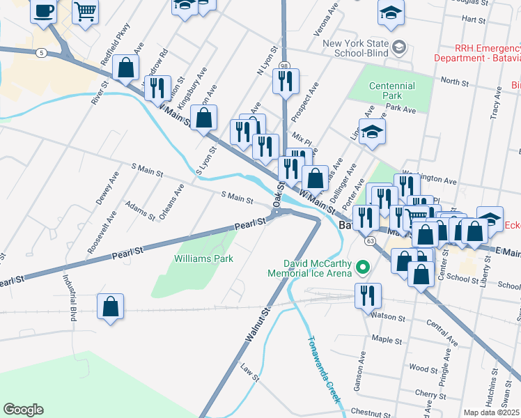 map of restaurants, bars, coffee shops, grocery stores, and more near 45 South Main Street in Batavia