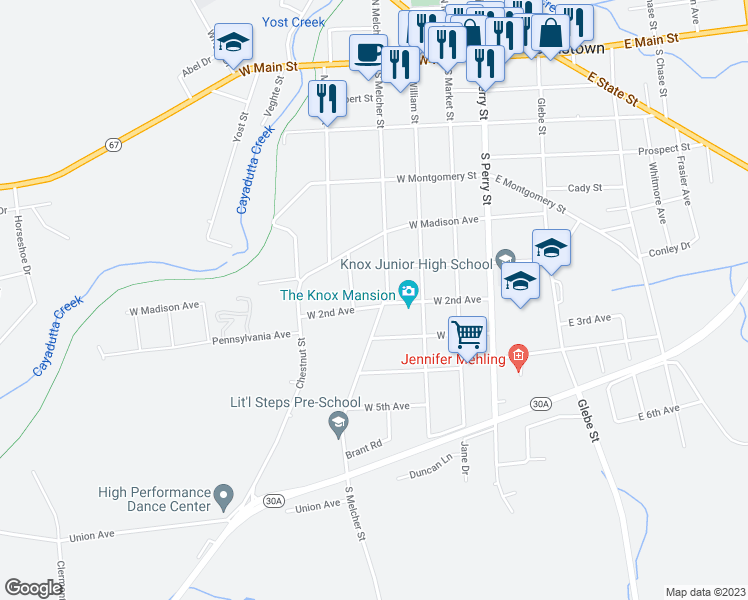 map of restaurants, bars, coffee shops, grocery stores, and more near 409 South Melcher Street in Johnstown