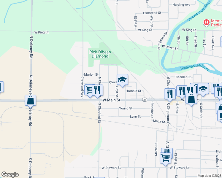 map of restaurants, bars, coffee shops, grocery stores, and more near 220 Lafayette Boulevard in Owosso