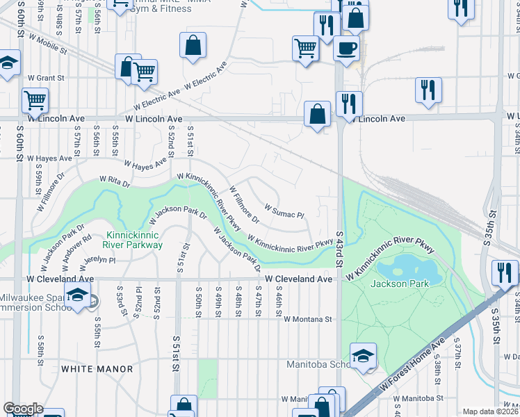 map of restaurants, bars, coffee shops, grocery stores, and more near 4608 West Sumac Place in Milwaukee