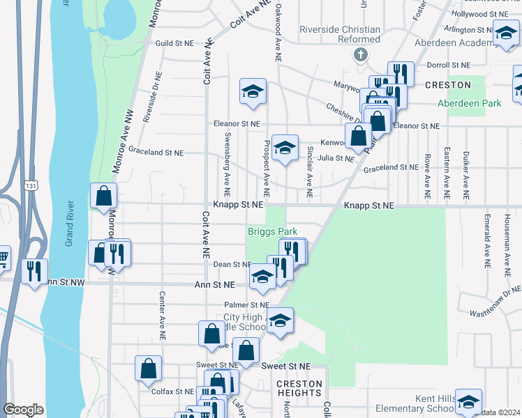 map of restaurants, bars, coffee shops, grocery stores, and more near 322 Knapp Street Northeast in Grand Rapids