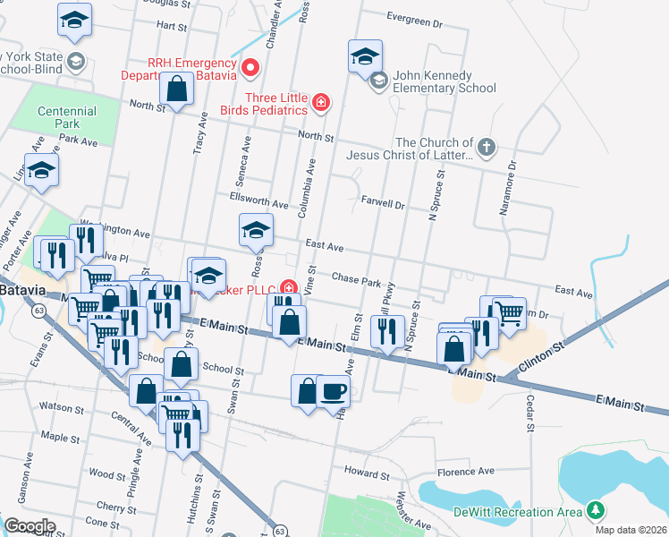 map of restaurants, bars, coffee shops, grocery stores, and more near 7 Chase Park in Batavia