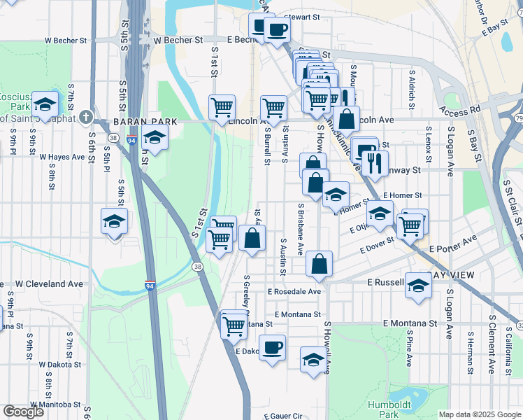 map of restaurants, bars, coffee shops, grocery stores, and more near 2509 South Greeley Street in Milwaukee