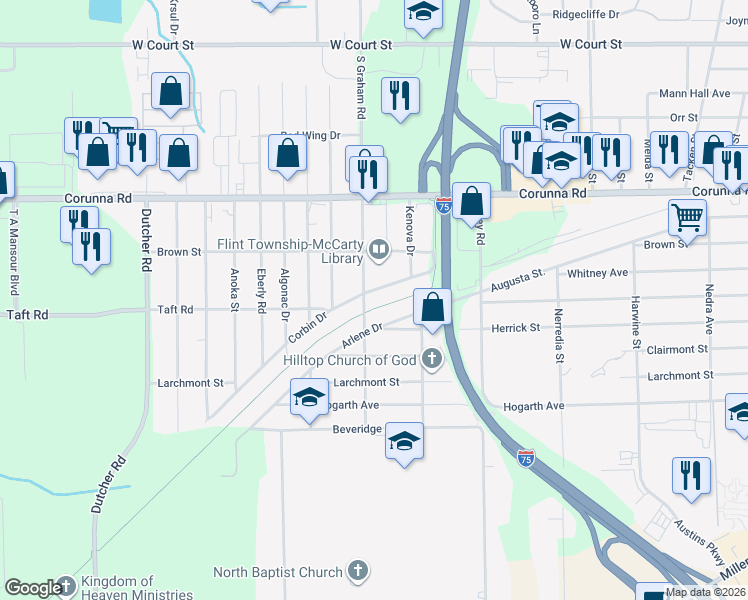 map of restaurants, bars, coffee shops, grocery stores, and more near 3515 Corbin Drive in Flint