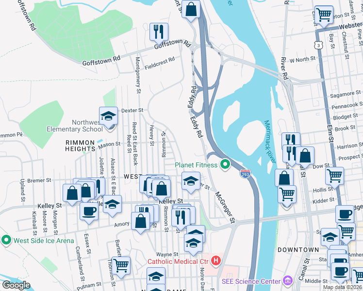 map of restaurants, bars, coffee shops, grocery stores, and more near 360 Coolidge Avenue in Manchester