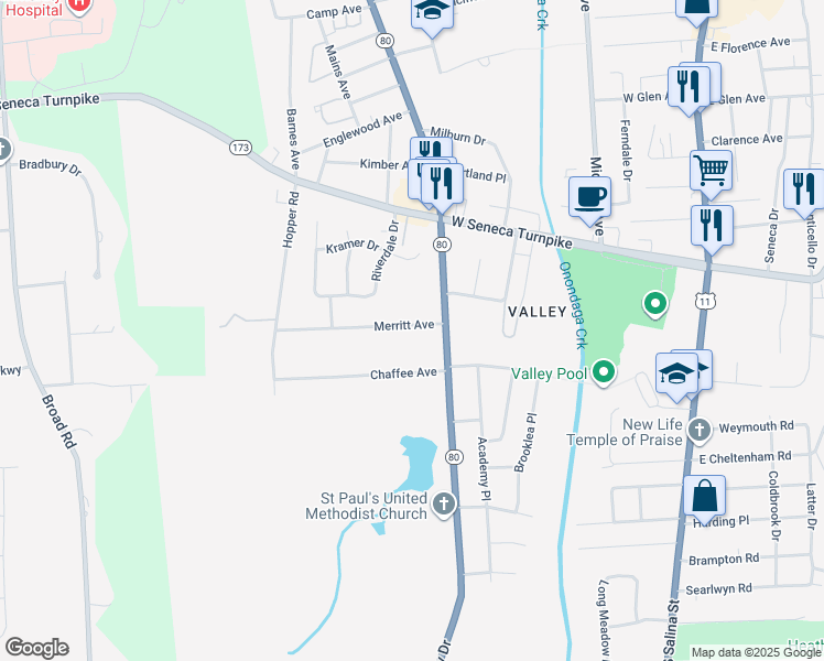 map of restaurants, bars, coffee shops, grocery stores, and more near 131 Merritt Avenue in Syracuse