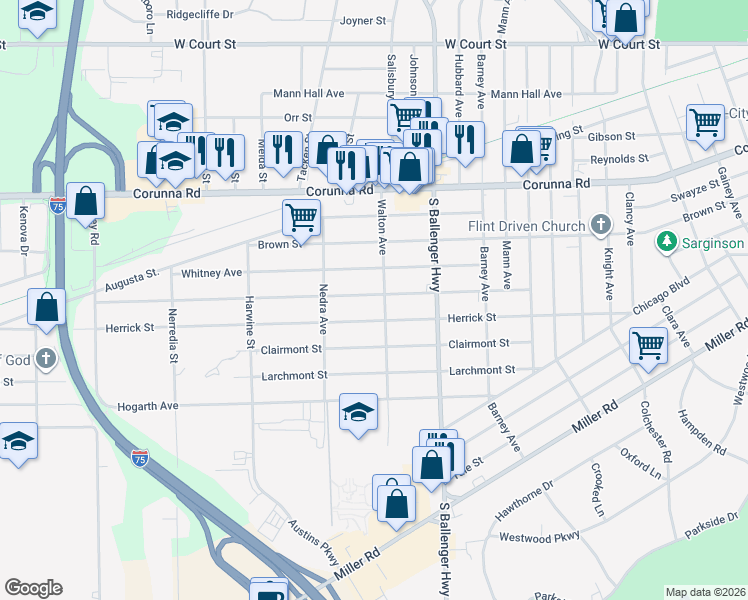 map of restaurants, bars, coffee shops, grocery stores, and more near 3809 Arlene Avenue in Flint
