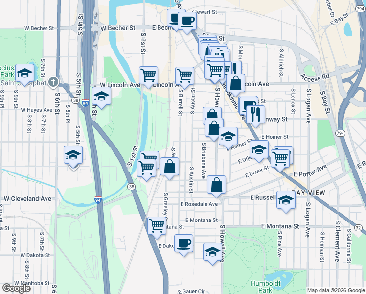 map of restaurants, bars, coffee shops, grocery stores, and more near 2512 South Burrell Street in Milwaukee