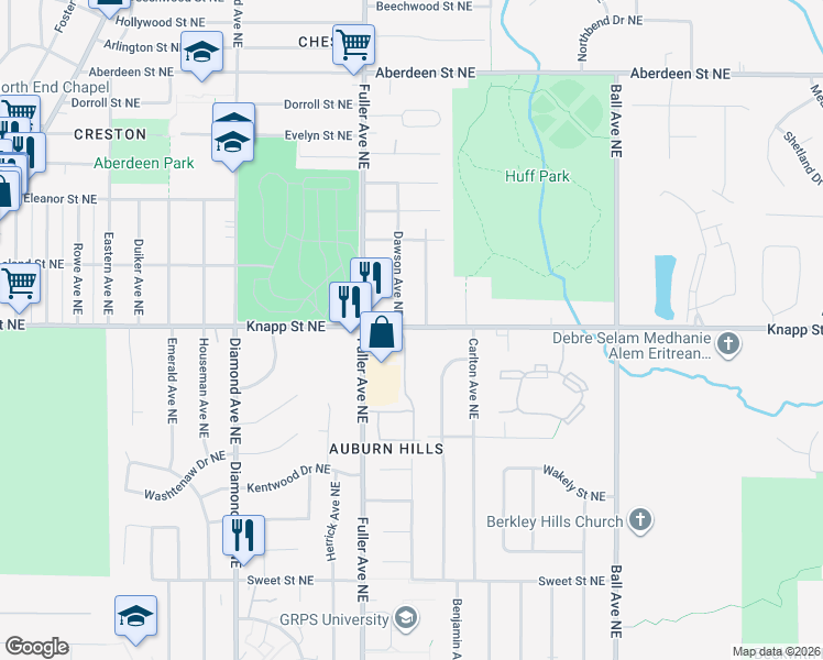 map of restaurants, bars, coffee shops, grocery stores, and more near 1307 Knapp Street Northeast in Grand Rapids