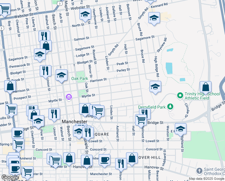map of restaurants, bars, coffee shops, grocery stores, and more near 316 Myrtle Street in Manchester