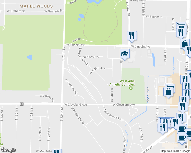 map of restaurants, bars, coffee shops, grocery stores, and more near 2521 South Green Links Drive in West Allis