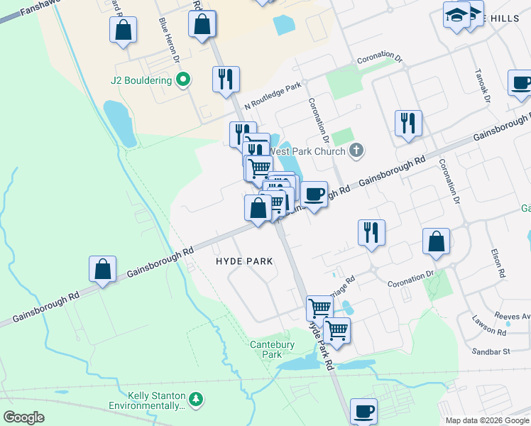 map of restaurants, bars, coffee shops, grocery stores, and more near 1600 Hyde Park Road in London
