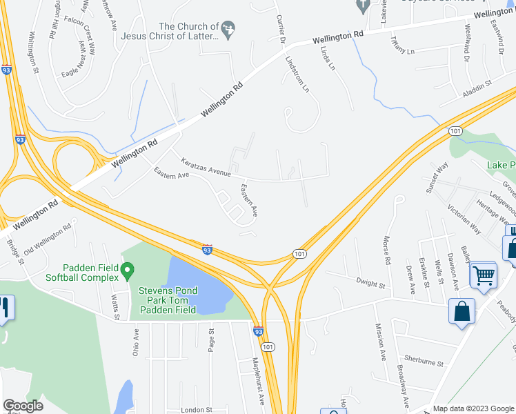 map of restaurants, bars, coffee shops, grocery stores, and more near 207 Eastern Avenue in Manchester