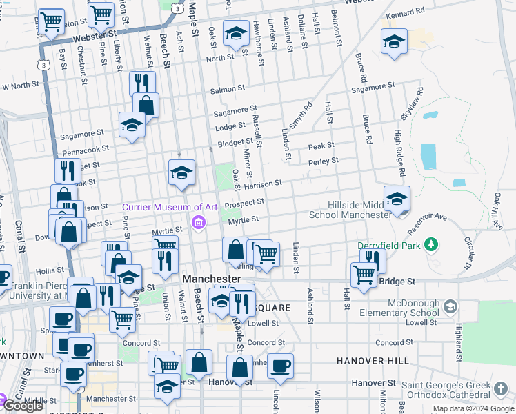 map of restaurants, bars, coffee shops, grocery stores, and more near 211 Prospect Street in Manchester