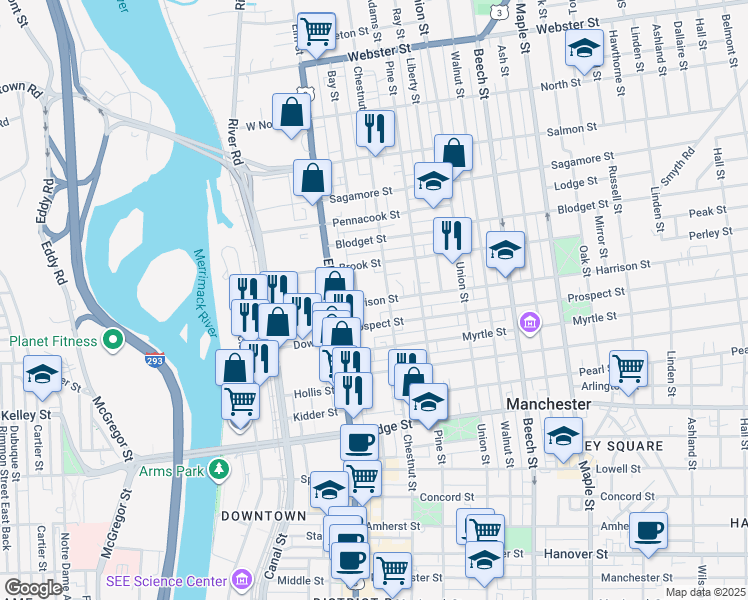 map of restaurants, bars, coffee shops, grocery stores, and more near 14 Harrison Street in Manchester