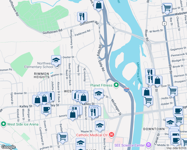 map of restaurants, bars, coffee shops, grocery stores, and more near 360 Coolidge Avenue in Manchester