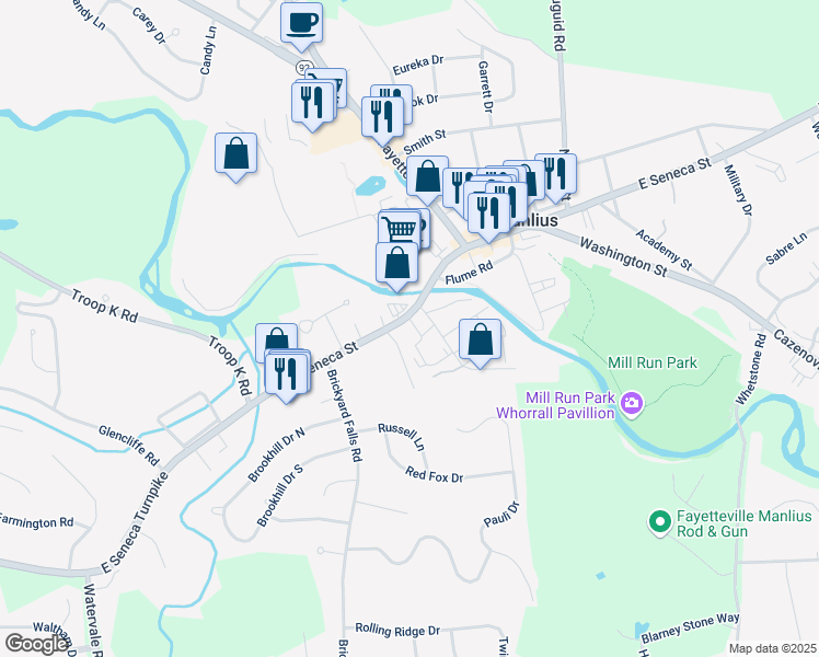 map of restaurants, bars, coffee shops, grocery stores, and more near 130 West Seneca Street in Manlius