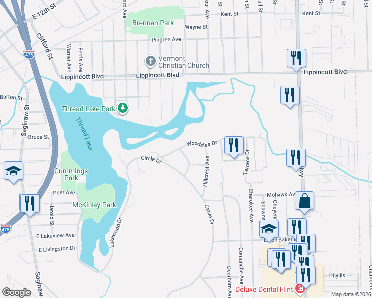 map of restaurants, bars, coffee shops, grocery stores, and more near 1402 Woodslea Drive in Flint