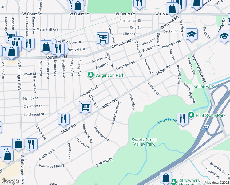 map of restaurants, bars, coffee shops, grocery stores, and more near 1551 Monteray Street in Flint
