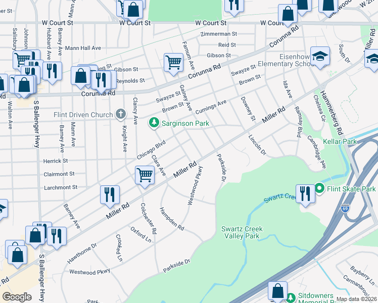 map of restaurants, bars, coffee shops, grocery stores, and more near 1522 Bradley Avenue in Flint