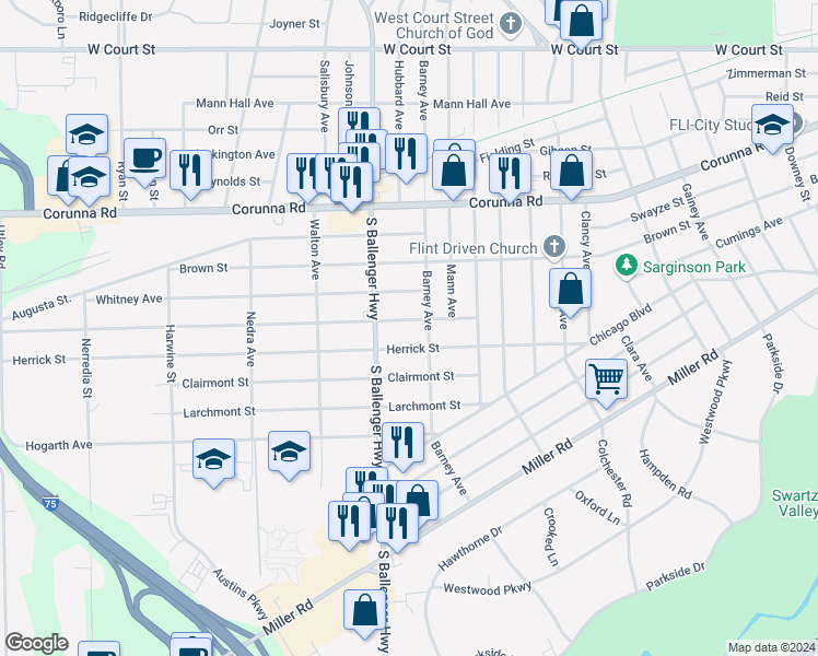map of restaurants, bars, coffee shops, grocery stores, and more near 3405 Arlene Avenue in Flint