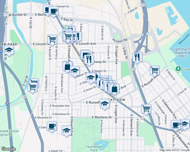 map of restaurants, bars, coffee shops, grocery stores, and more near 2523 South Williams Street in Milwaukee